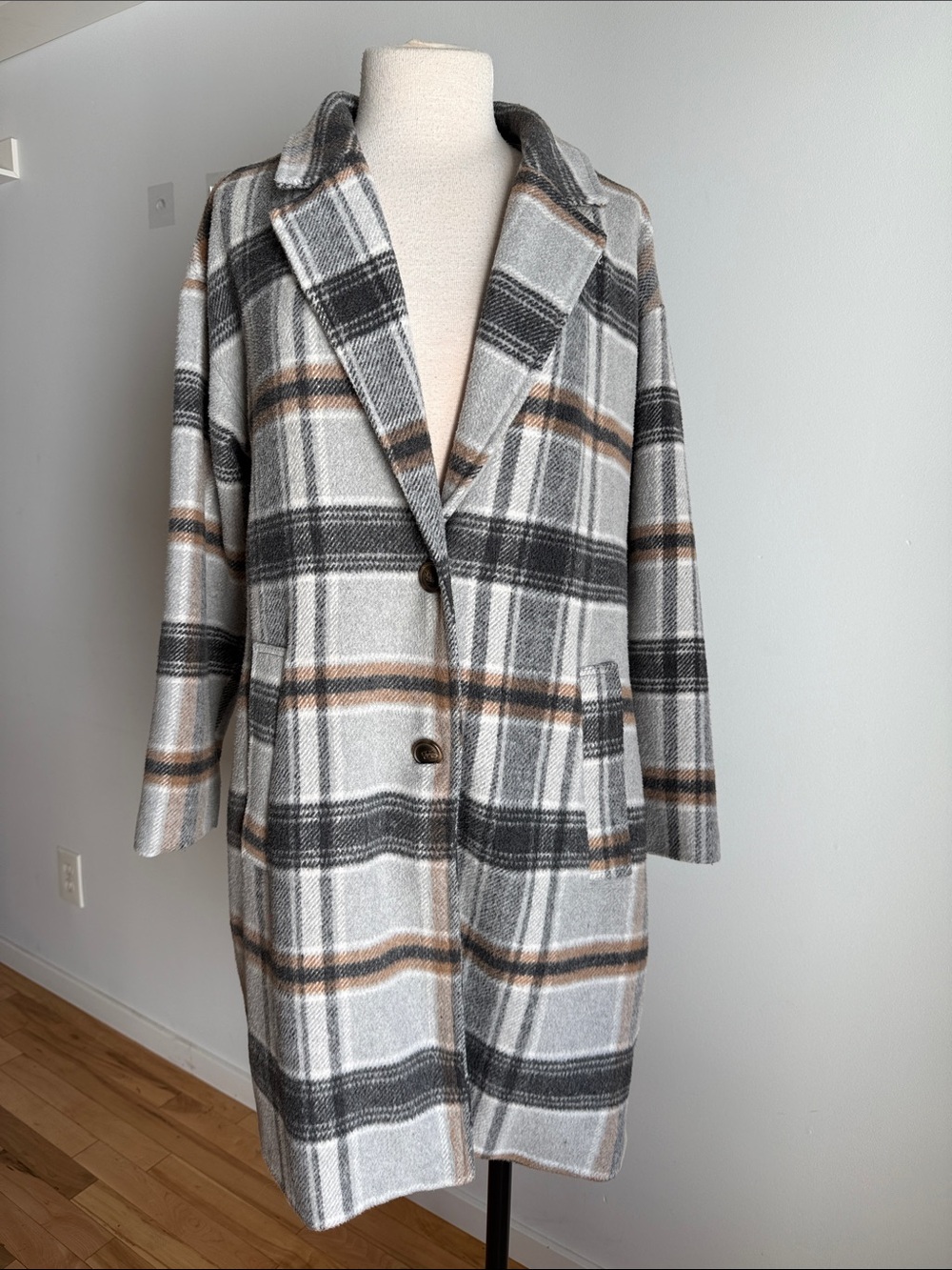 CI SONO Plaid Long Single-Breasted Coat in Gray & Brown